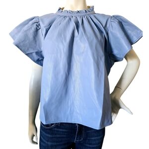 THML Blue Faux Leather Flutter Sleeve Top